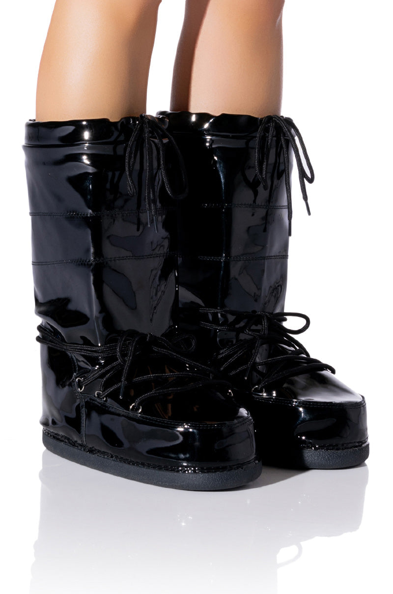 Front View Snowbell Patent Cold Weather Boot In Black