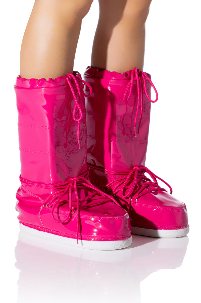 Front View Snowbell Patent Cold Weather Boot In Pink