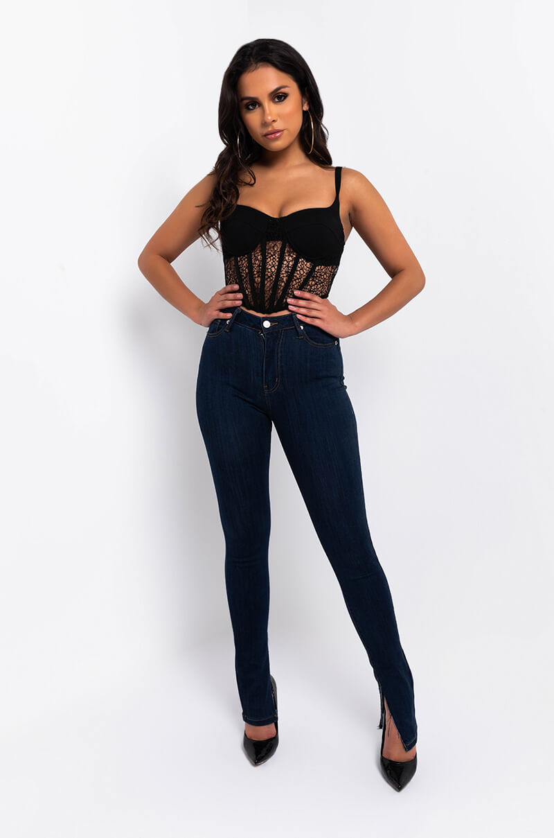 Full View So I Creep Lace Detail Corset Top in Black