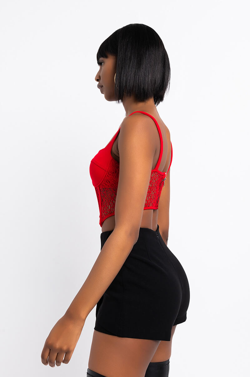 Side View So I Creep Lace Detail Corset Top in Red