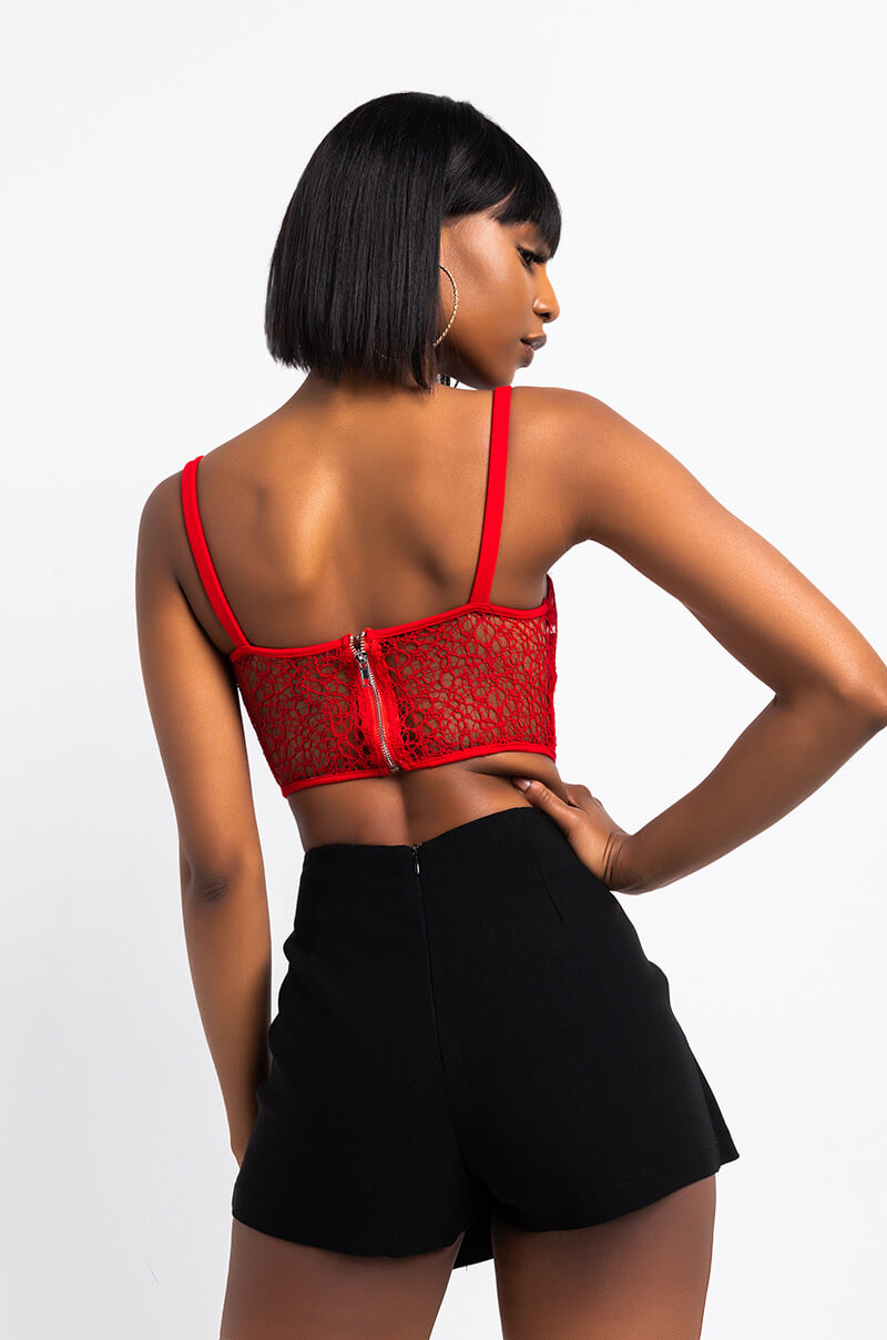 Back View So I Creep Lace Detail Corset Top in Red