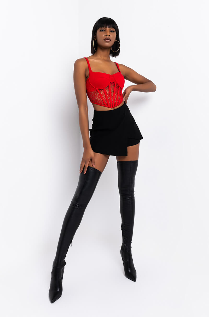 Full View So I Creep Lace Detail Corset Top in Red