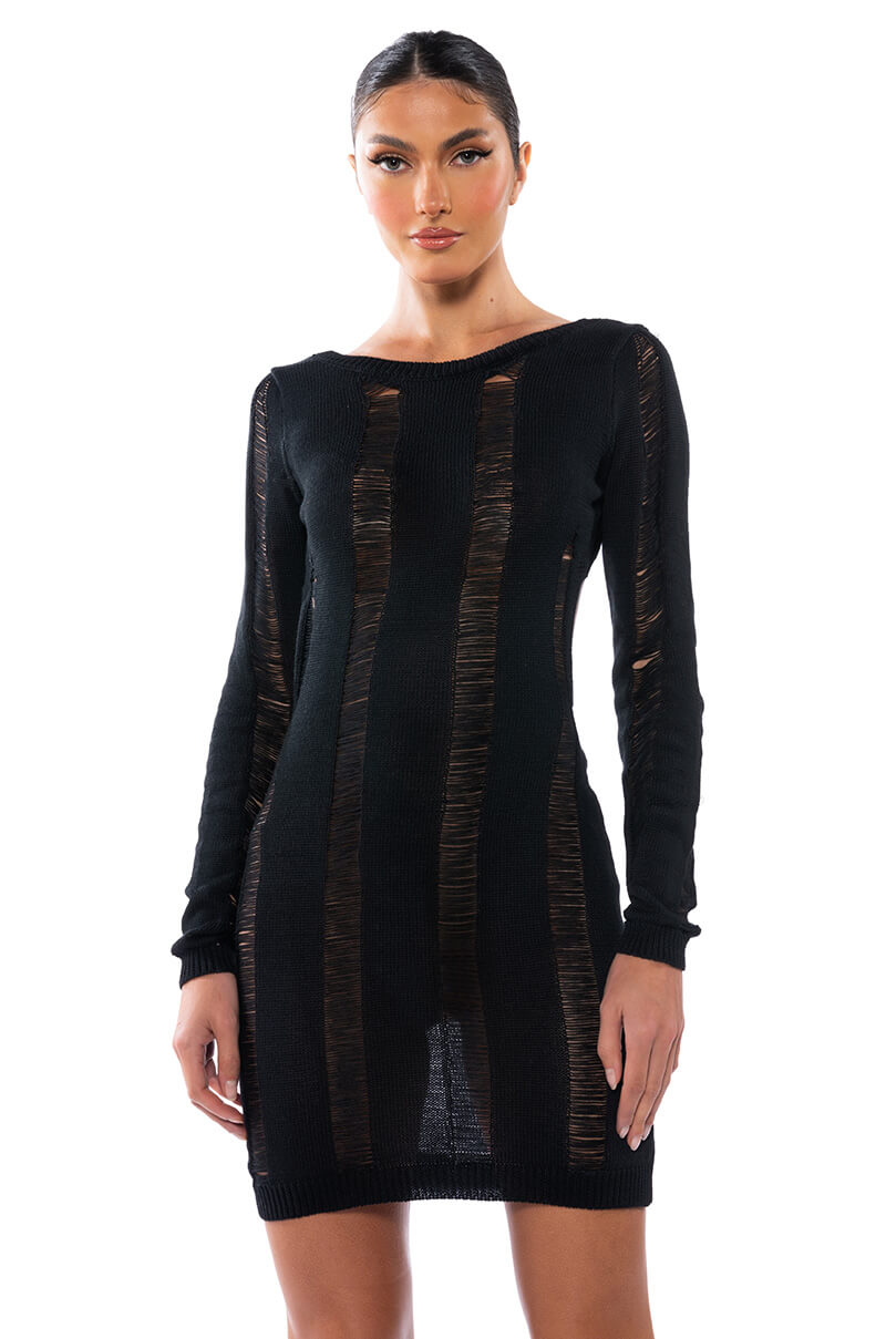Front View So Into You Shredded Open Back Knit Mini Dress