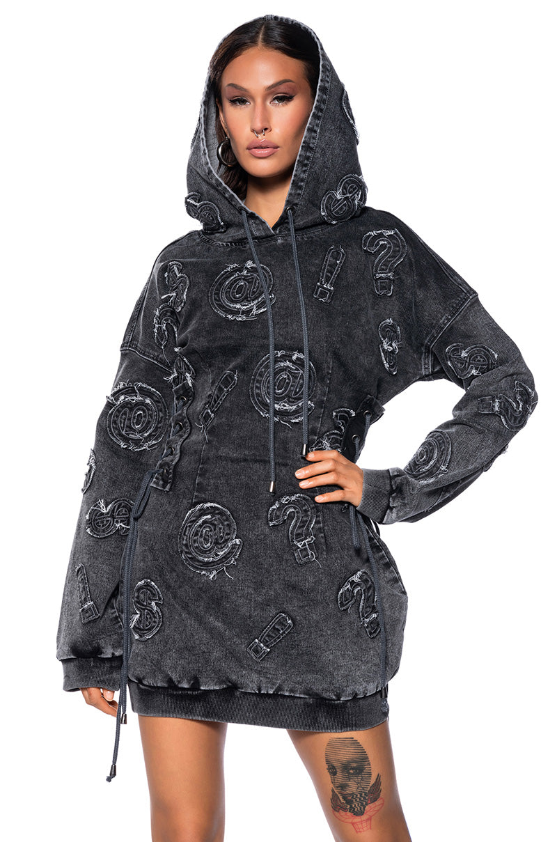 Front View So Many Questions Frayed Denim Hoodie Mini Dress