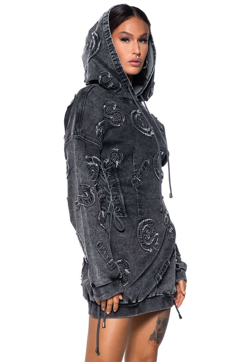 Side View So Many Questions Frayed Denim Hoodie Mini Dress