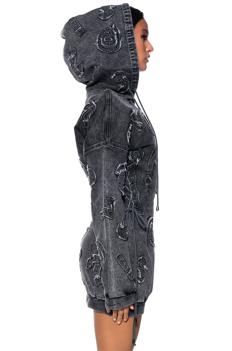 Full View So Many Questions Frayed Denim Hoodie Mini Dress