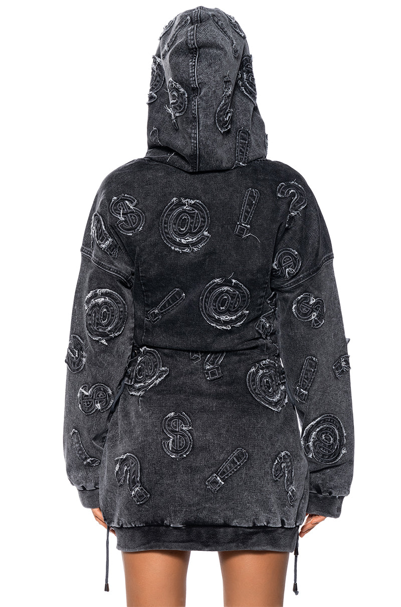 Extra View So Many Questions Frayed Denim Hoodie Mini Dress