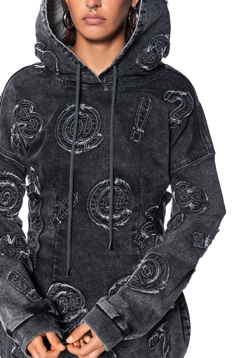 Extra View So Many Questions Frayed Denim Hoodie Mini Dress