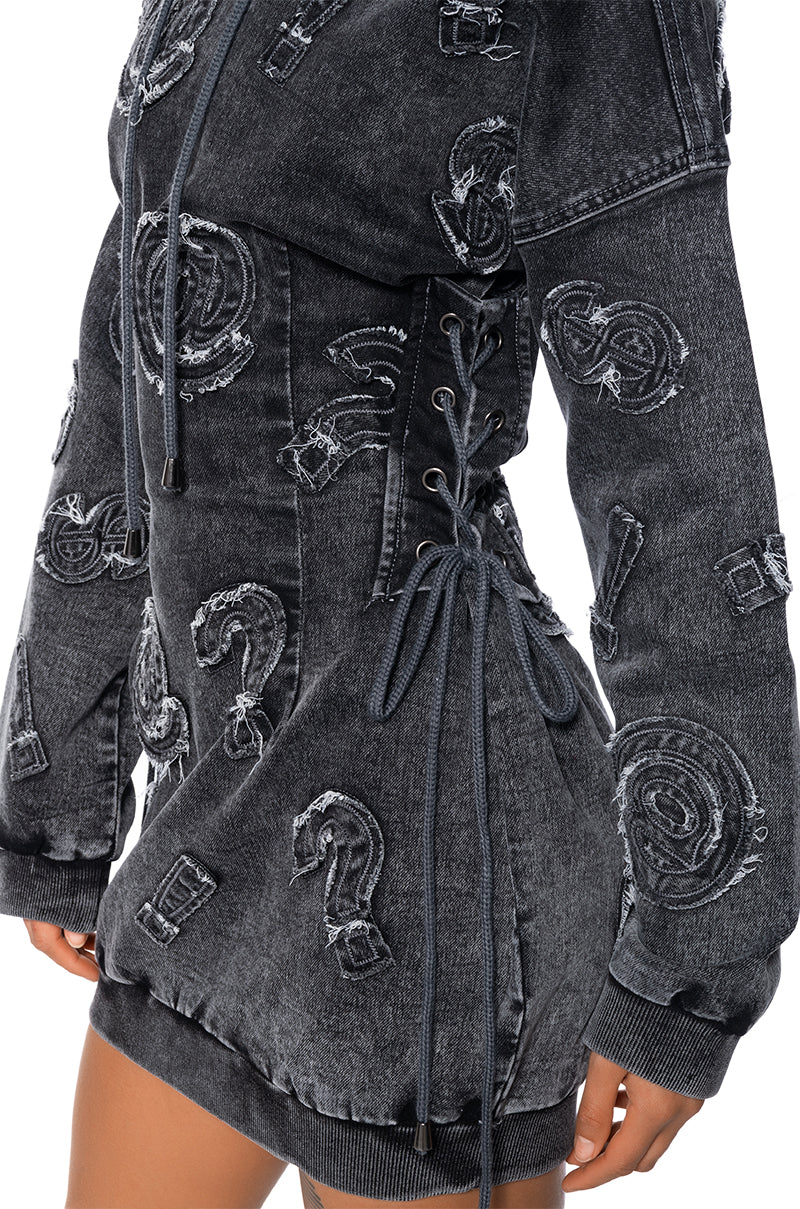 Extra View So Many Questions Frayed Denim Hoodie Mini Dress
