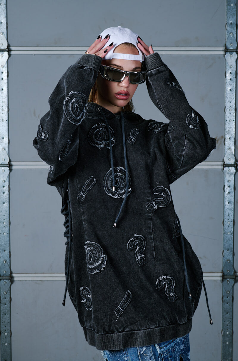 Extra View So Many Questions Frayed Denim Hoodie Mini Dress