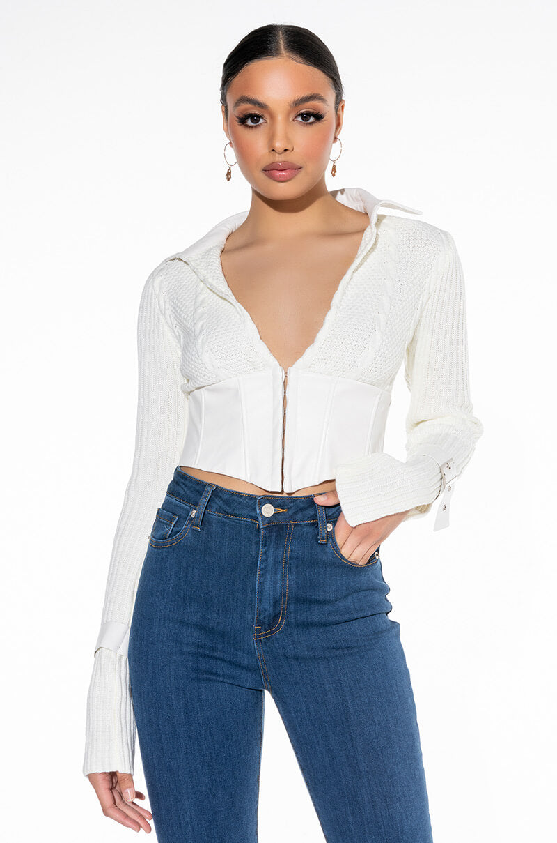 SO STUDIOUS FAUX LEATHER TRIM CABLE KNIT CORSET SWEATER view 0