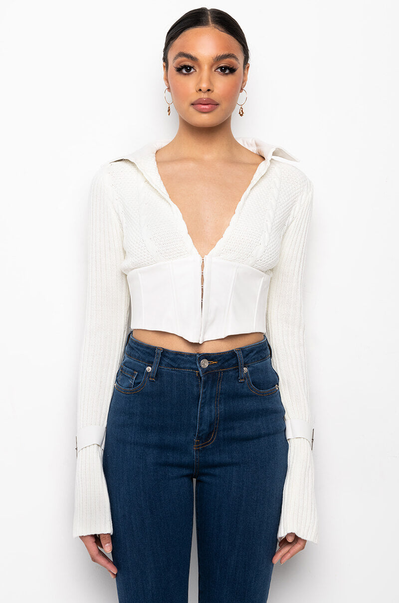 Back View So Studious Faux Leather Trim Cable Knit Corset Sweater