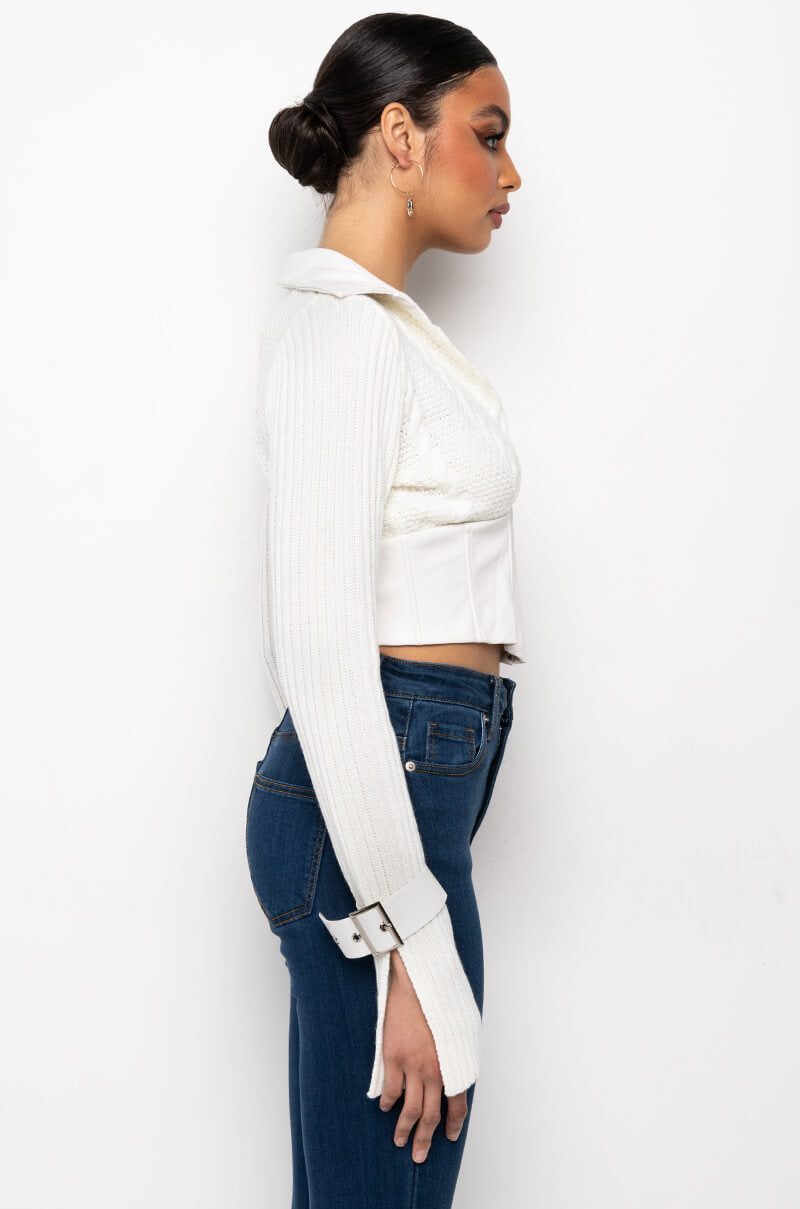 Detail View So Studious Faux Leather Trim Cable Knit Corset Sweater