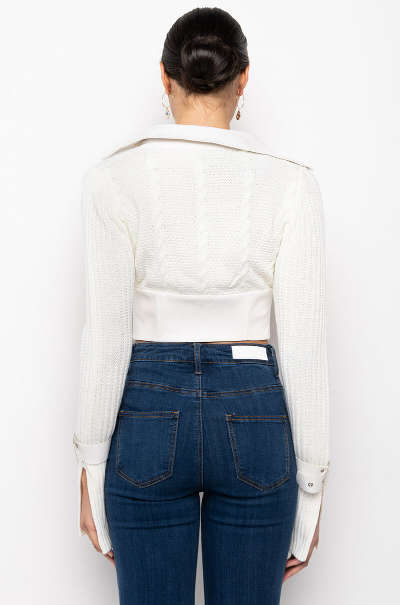 Full View So Studious Faux Leather Trim Cable Knit Corset Sweater