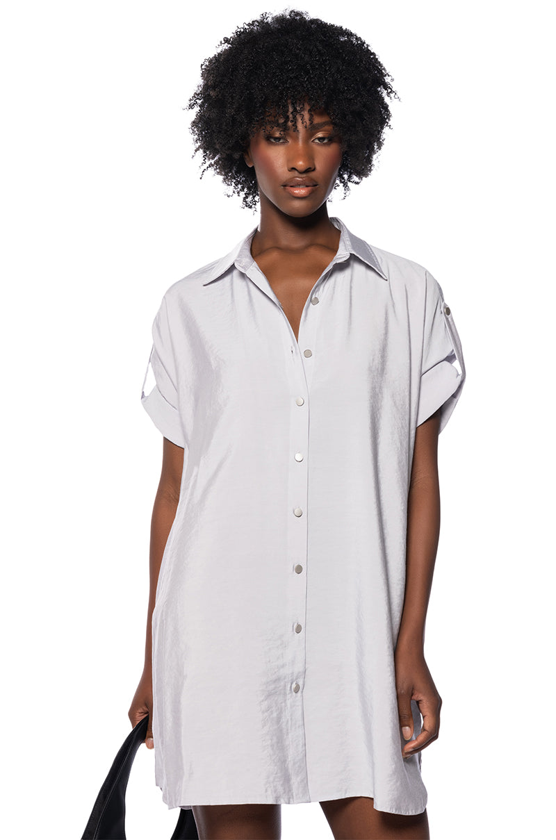 Front View Solana Button Down Mini Dress In Light Grey