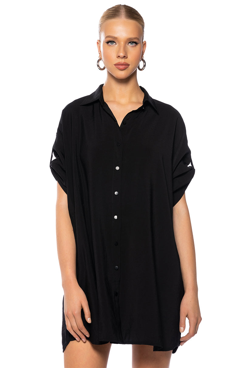 Front View Solana Button Down Mini Shirt Dress In Black