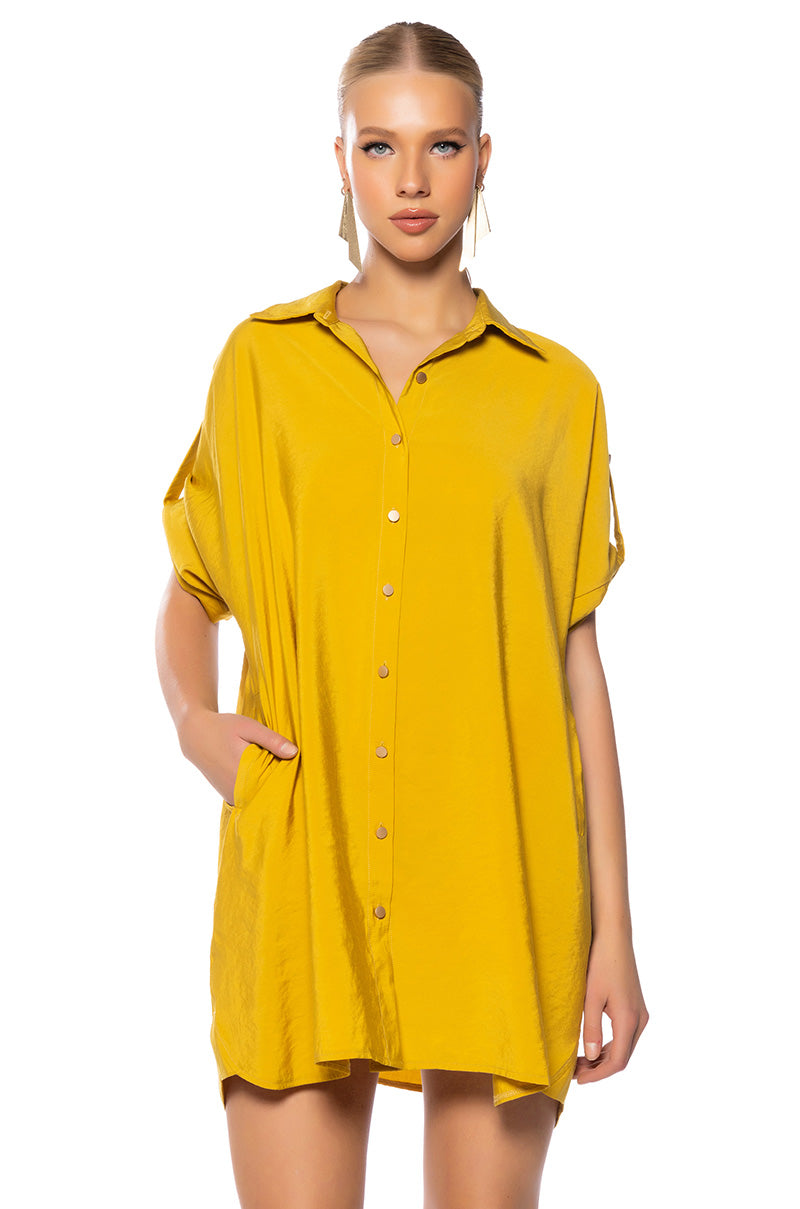 Front View Solana Button Down Mini Shirt Dress In Mustard
