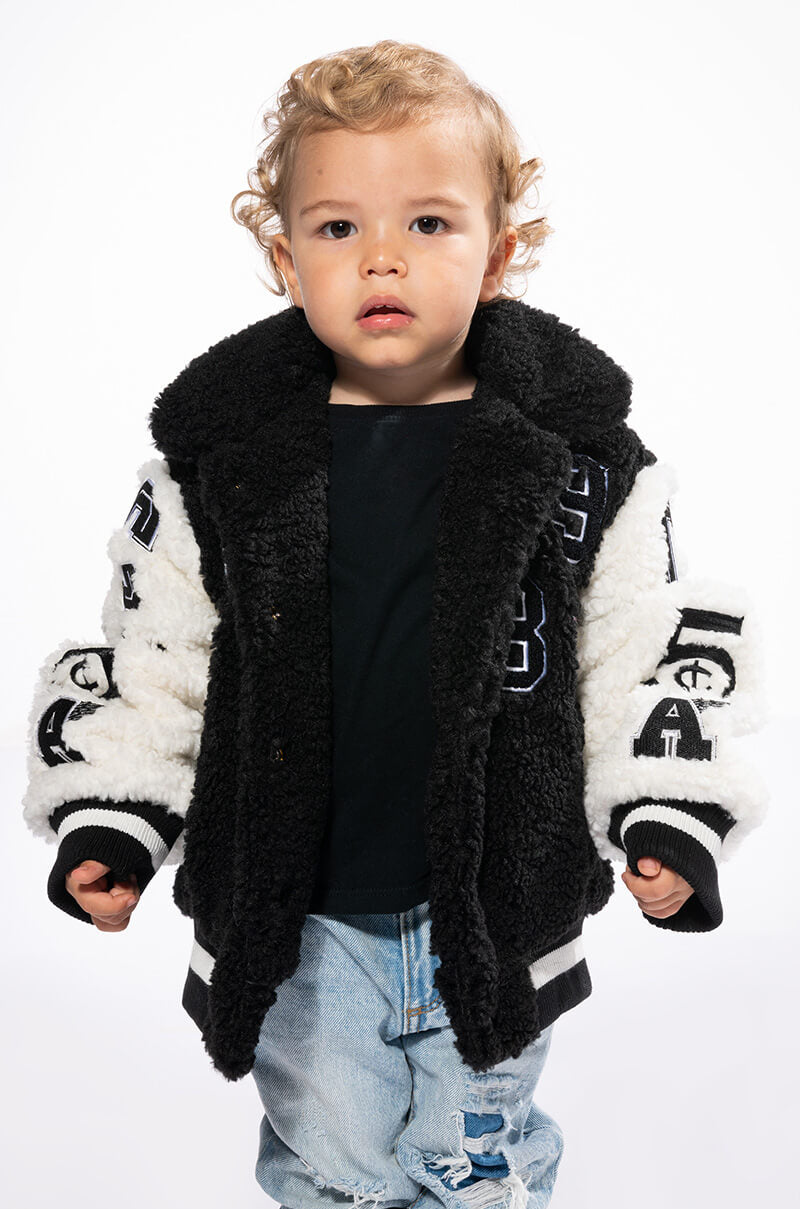 Front View Solo Bear Teddy Varsity Jacket In Kids