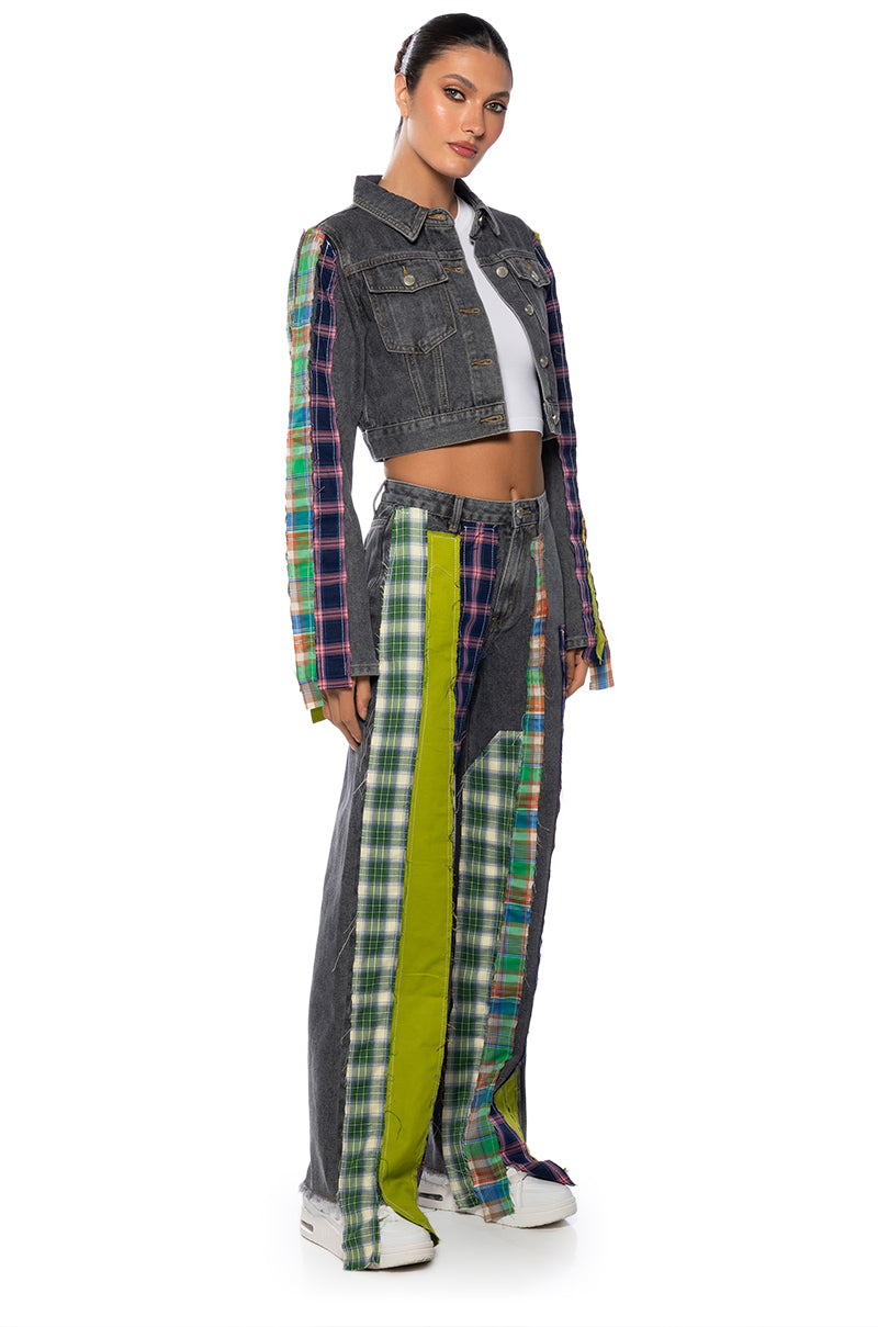 Back View Somethin New Wide Leg Plaid Patchwork Jeans
