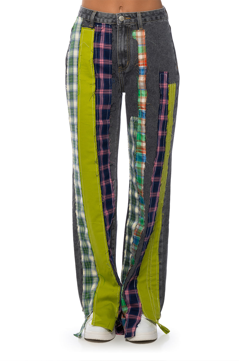 Detail View Somethin New Wide Leg Plaid Patchwork Jeans