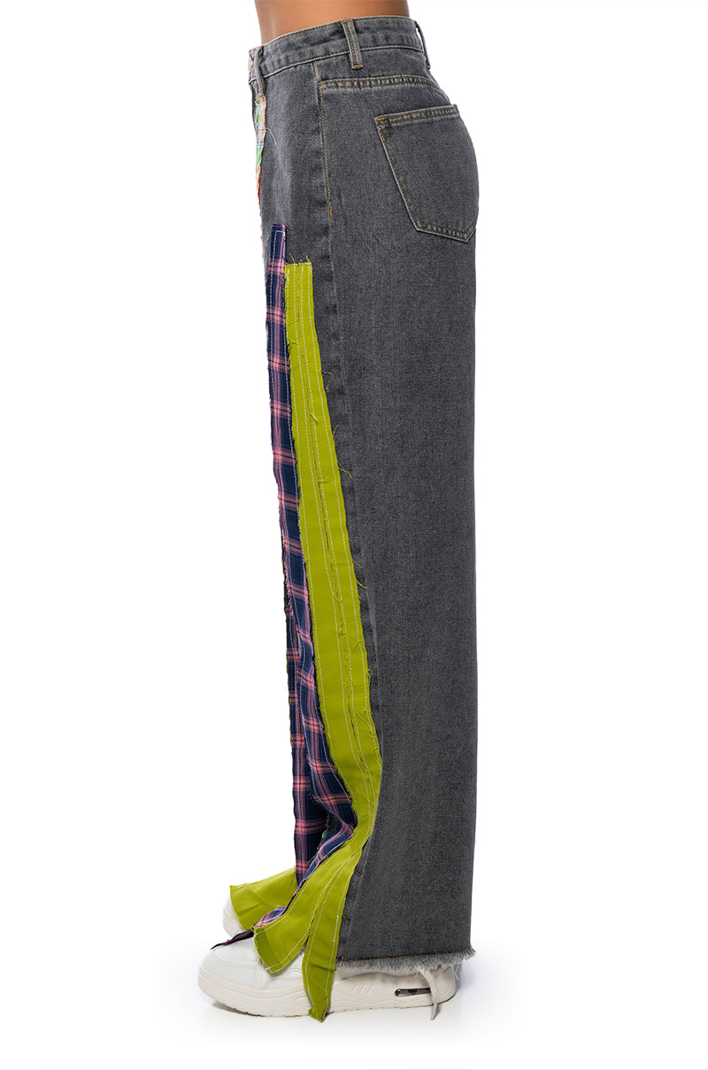 Extra View Somethin New Wide Leg Plaid Patchwork Jeans