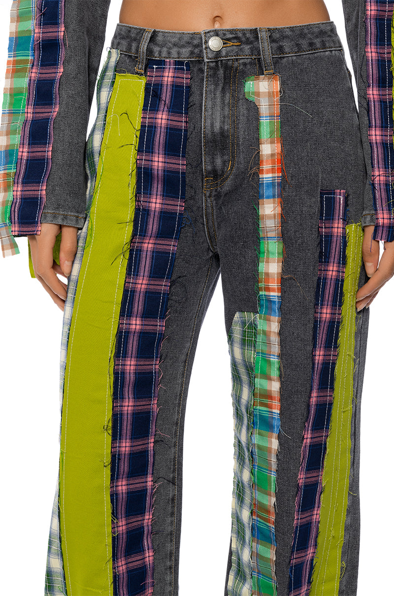 Extra View Somethin New Wide Leg Plaid Patchwork Jeans