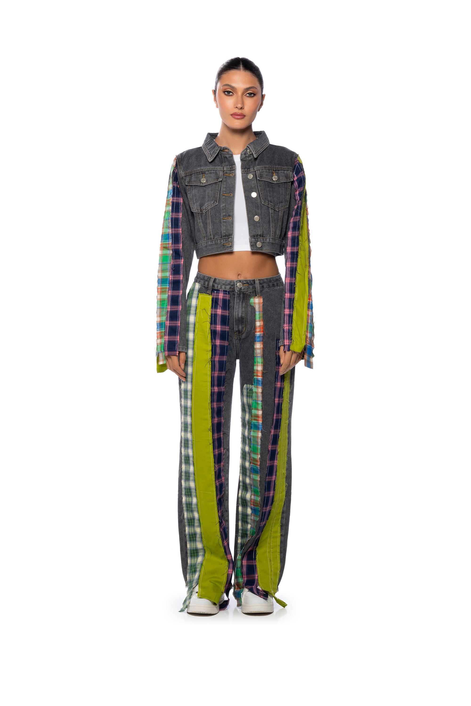 Extra View Somethin New Wide Leg Plaid Patchwork Jeans