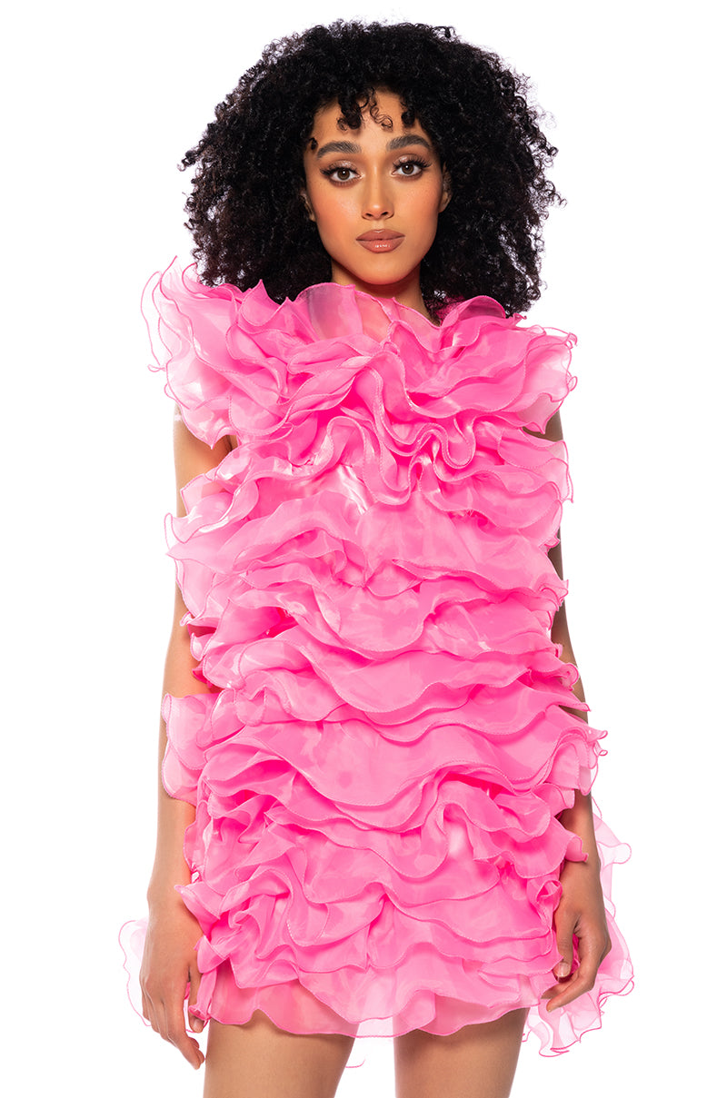 Front View Something Special Ultra Ruffled Backless Mini Dress In Pink