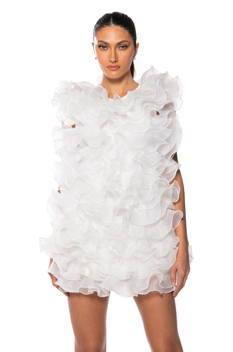 Front View Something Special Ultra Ruffled Backless Mini Dress In White