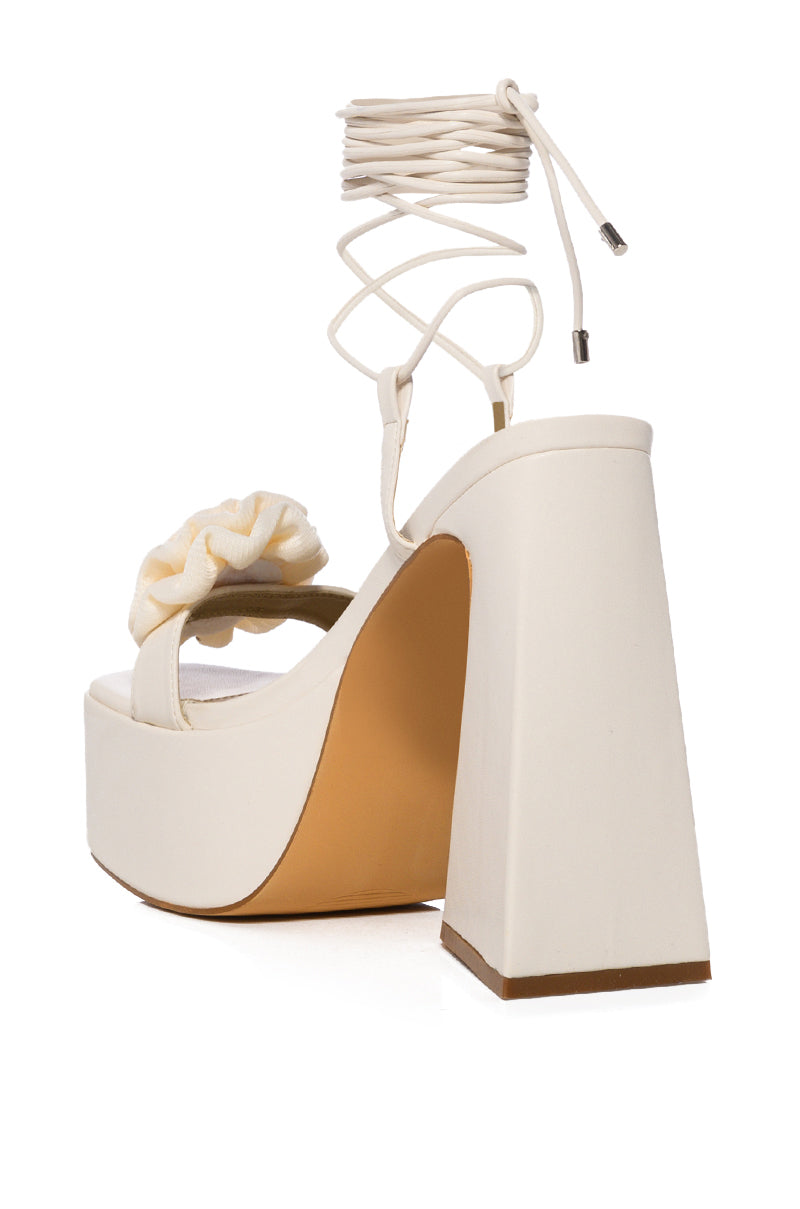 Full View Something Sweet Chunky Platform Lace Up Sandal With Flower Detail In Cream