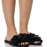 Front View Something Sweet Ruffle Detail Flat Pu Sandal In Black