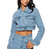 Front View Songbird Crop Buckled Denim Jacket