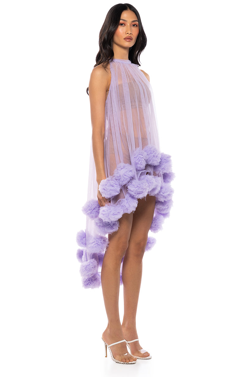 Side View Sonya Pom Pom Detail High Low Sheer Dress In Purple 1