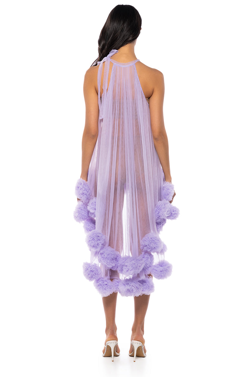 Detail View Sonya Pom Pom Detail High Low Sheer Dress In Purple 3