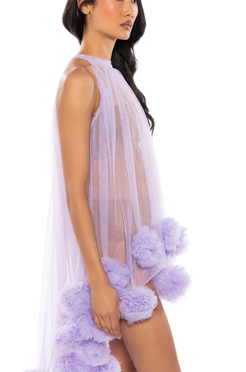 Full View Sonya Pom Pom Detail High Low Sheer Dress In Purple 4