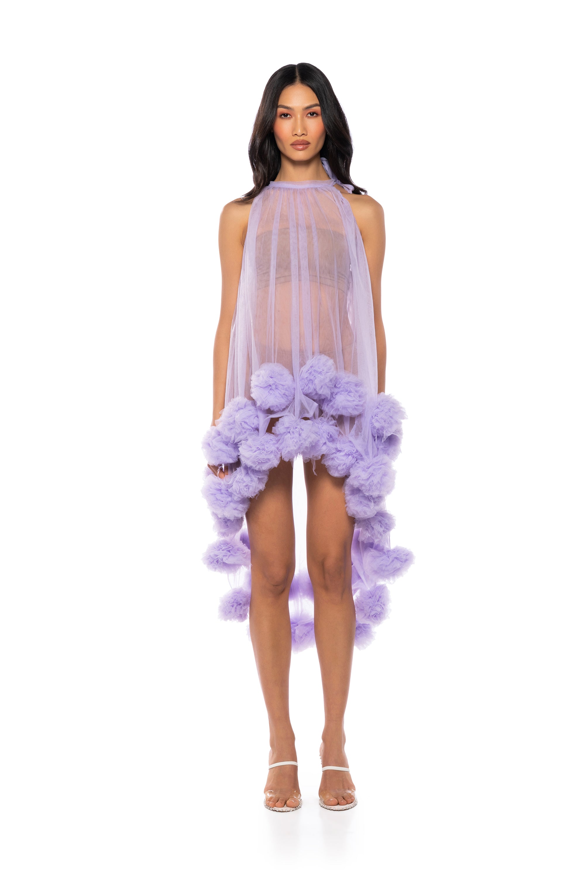 Extra View Sonya Pom Pom Detail High Low Sheer Dress In Purple 5