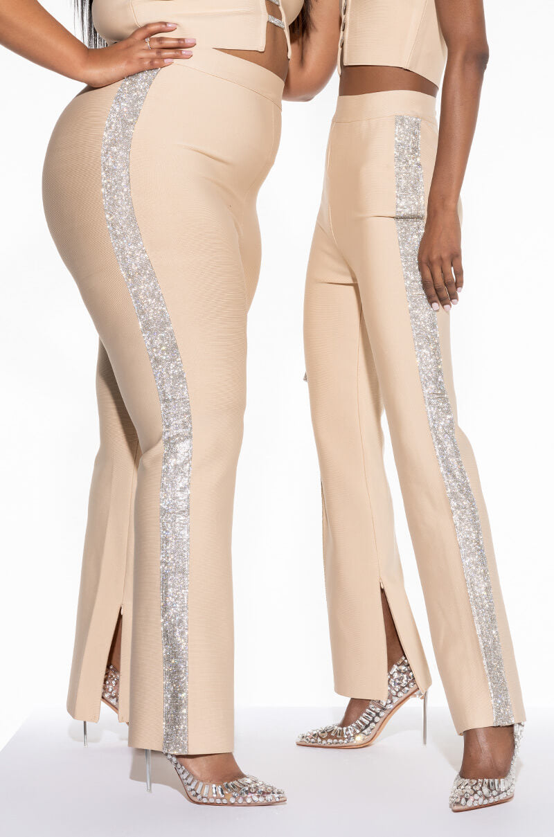Front View Sorry Im Late Rhinestone Bandage Pant