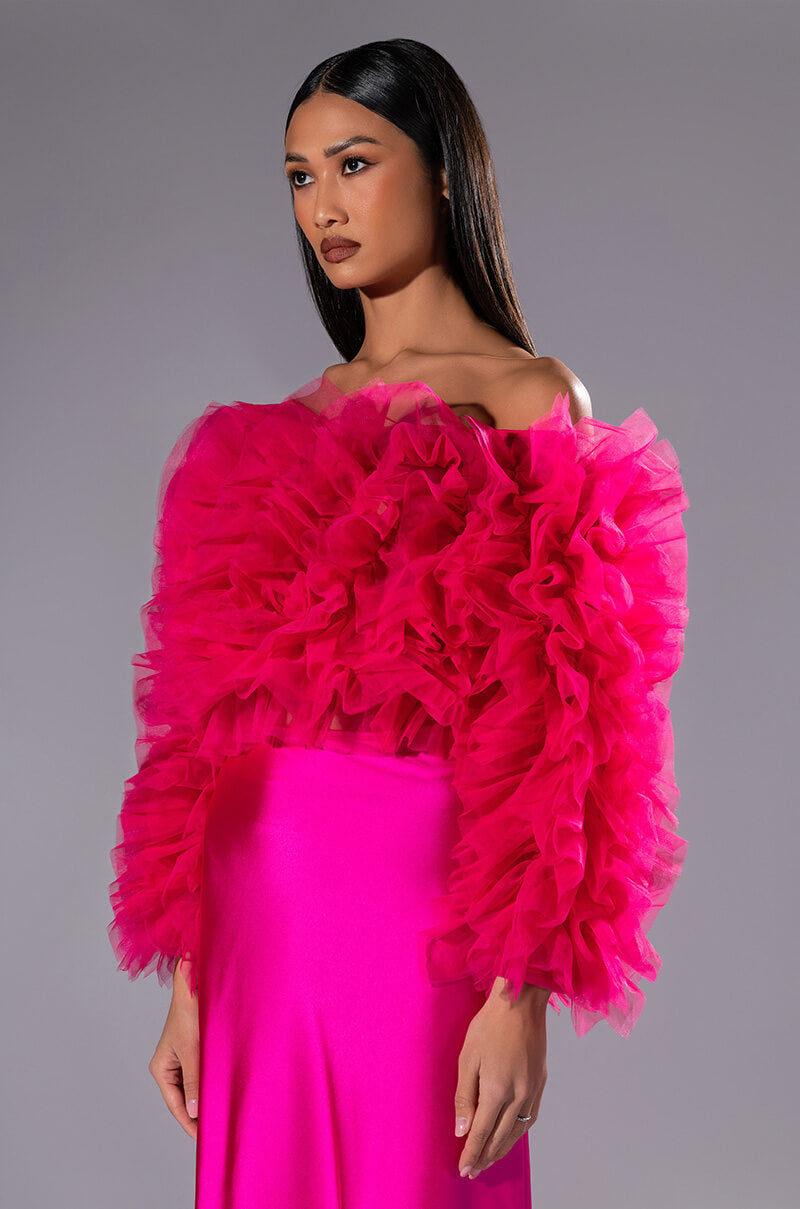 Side View Sound Off Tulle Ruffle Long Sleeve Crop Blouse