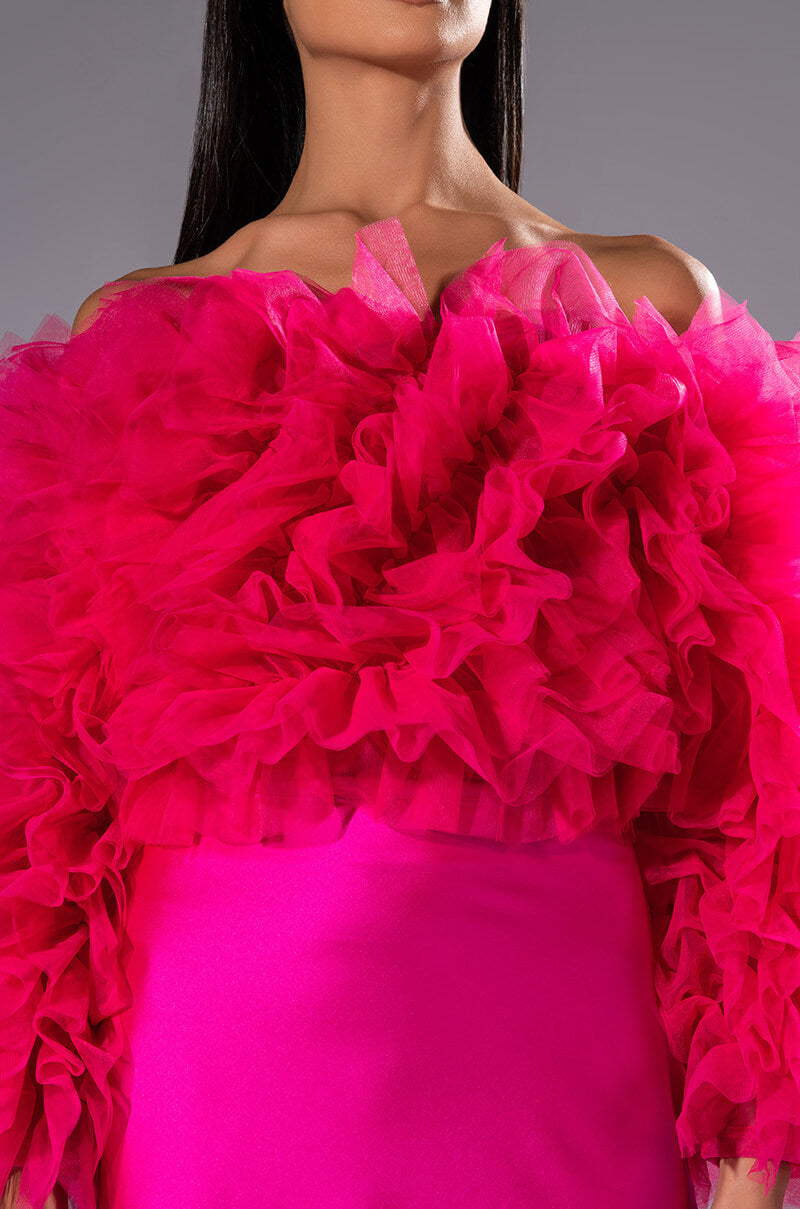 Extra View Sound Off Tulle Ruffle Long Sleeve Crop Blouse