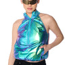 Front View Space Cadet Sleeveless Zip Up Top In Blue Green Metallic