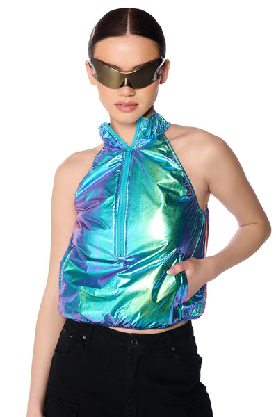 SPACE CADET SLEEVELESS ZIP UP TOP IN BLUE GREEN METALLIC – AKIRA