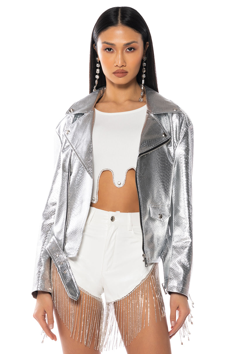 Side View Space Case Metallic Croc Rhinestone Fringe Moto