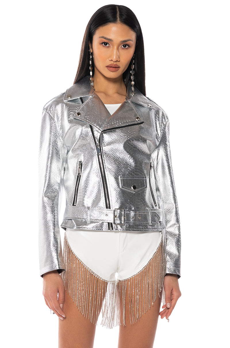 Back View Space Case Metallic Croc Rhinestone Fringe Moto