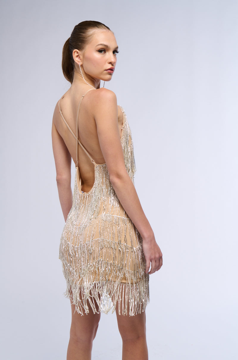 Back View Sparkle And Shine Rhinestone Fringe Mini Dress