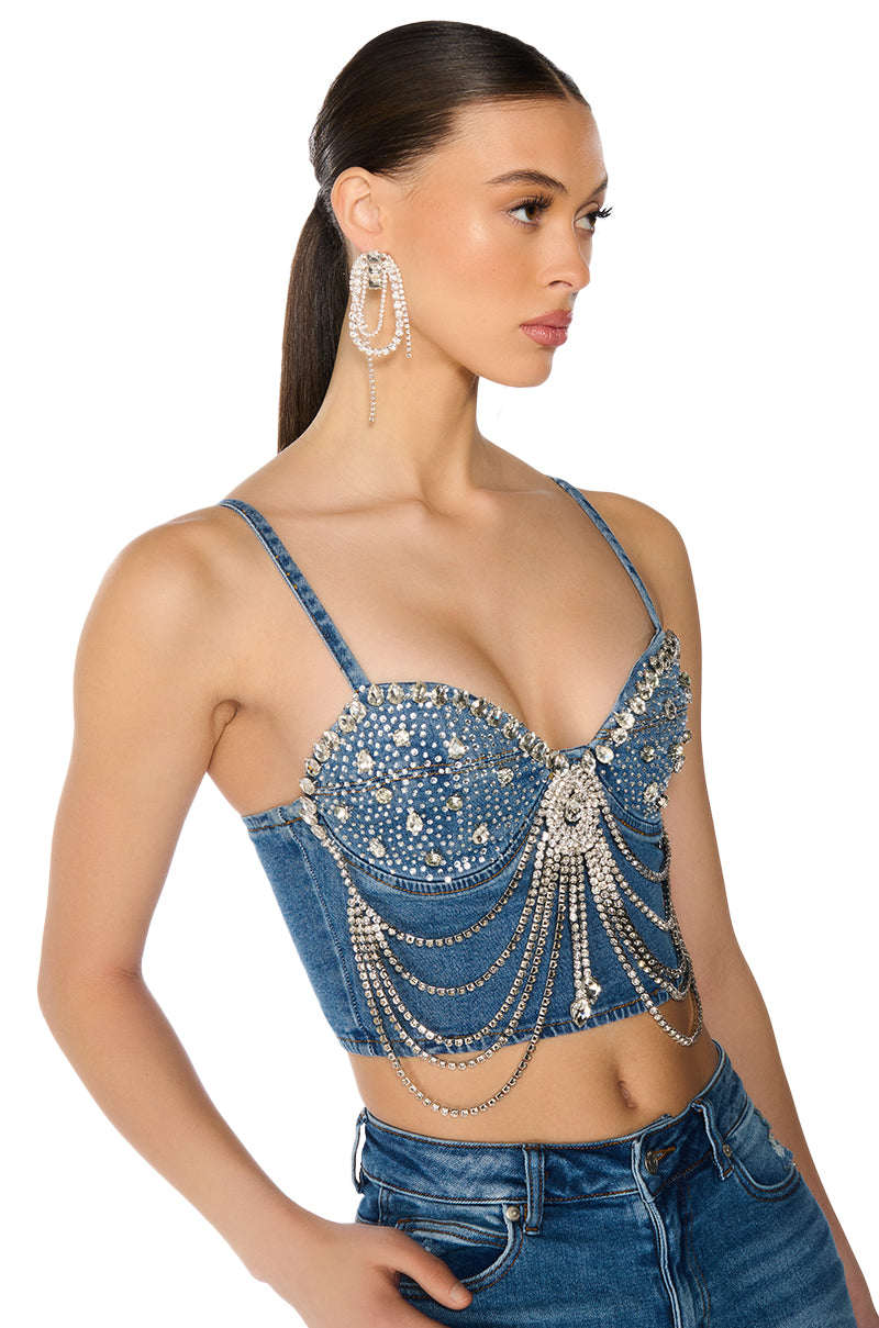 Side View Speak My Truth Rhinestone Bralette Top In Denim
