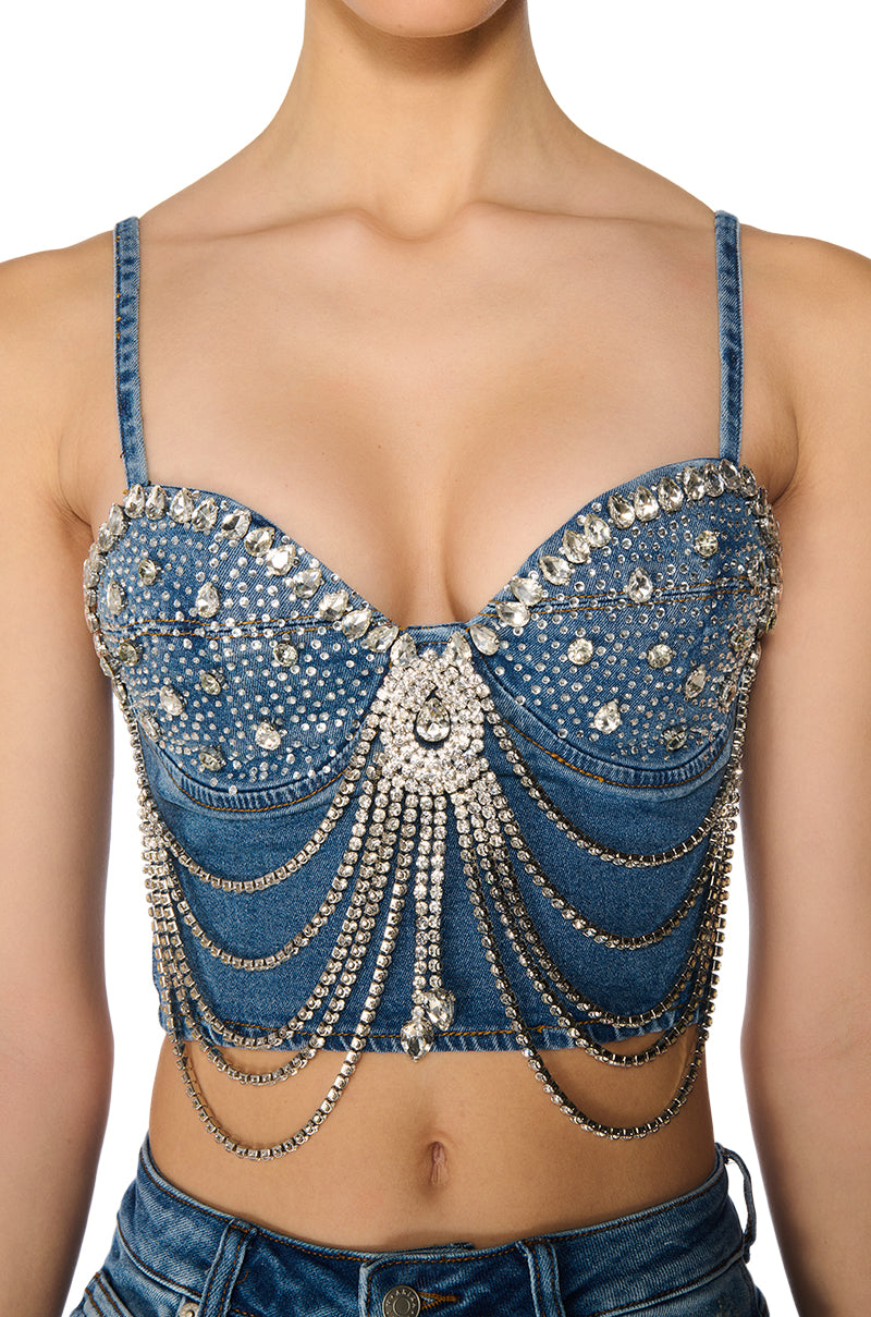 Extra View Speak My Truth Rhinestone Bralette Top In Denim