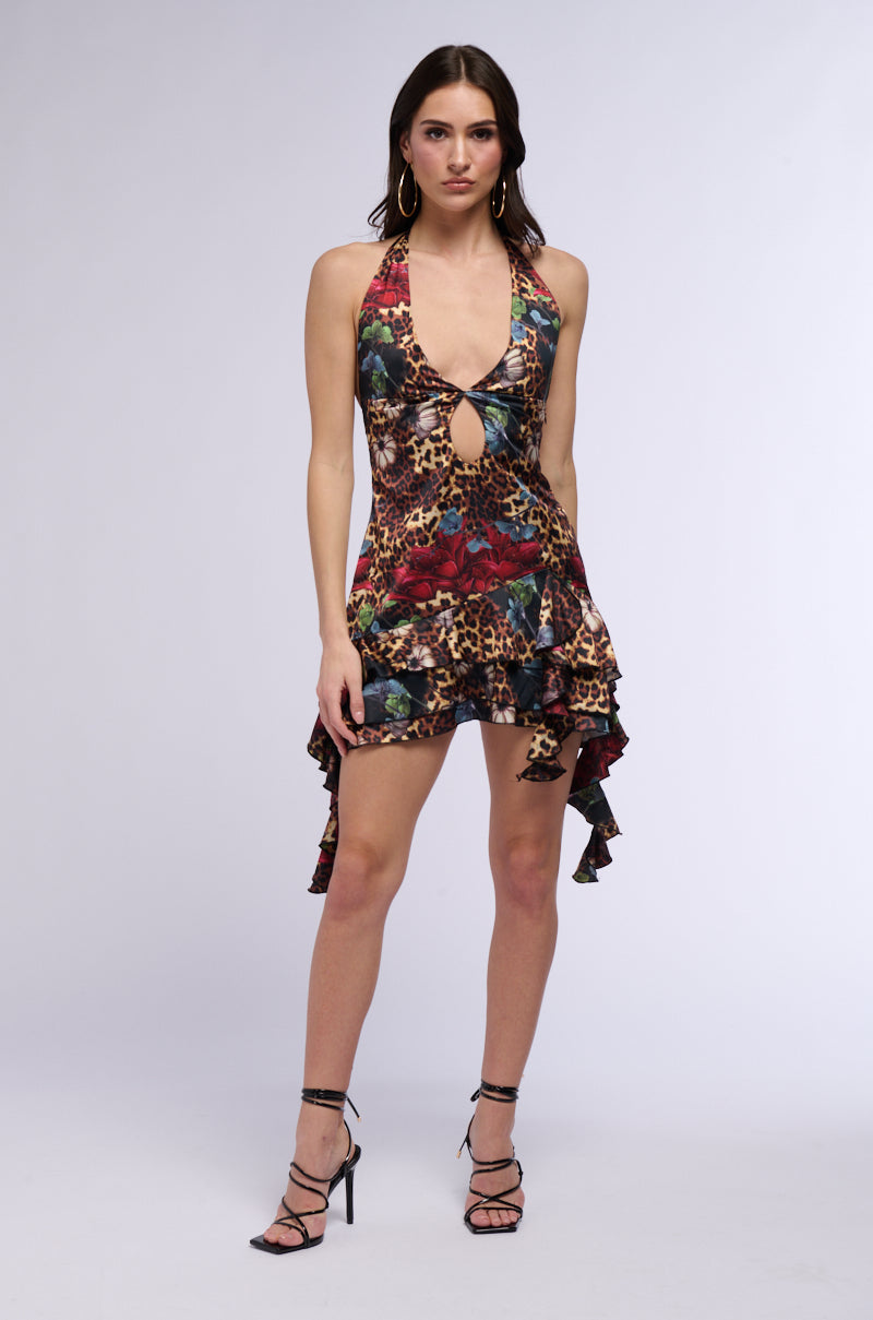 SPICY RUFFLE PRINTED MINI DRESS AKIRA SPICY RUFFLE PRINTED MINI DRESS AKIRA