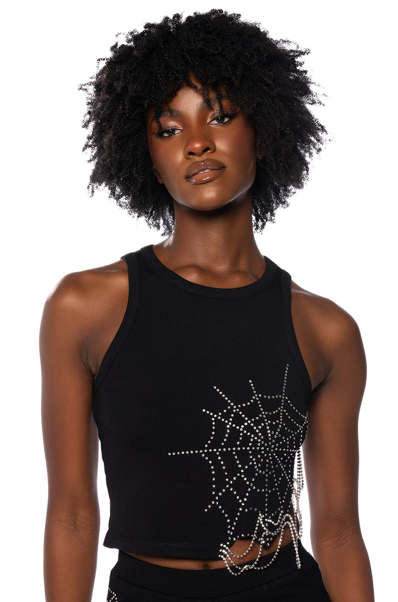 Front View Spider Webs Embellished Cropped Tank