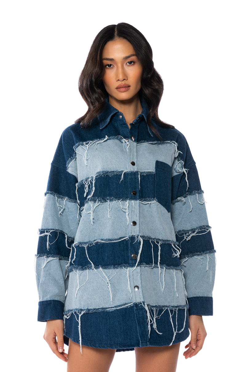 Front View Splash Frayed Colorblock Denim Jacket view 1
