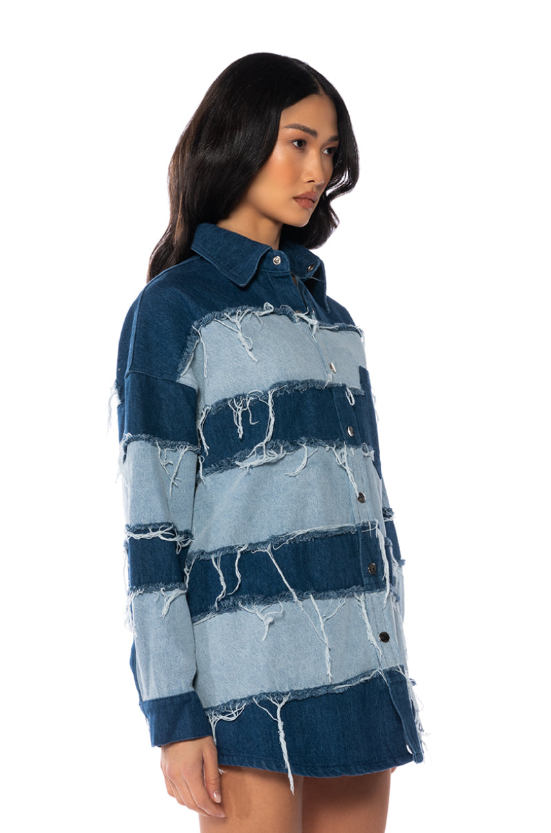Side View Splash Frayed Colorblock Denim Jacket view 2